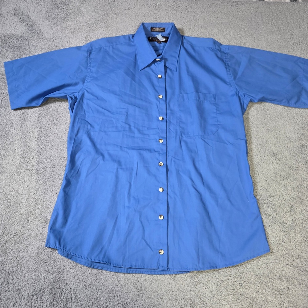 New York Sportswear Exchange Mens L Button Down Shirt Blue Short Sleeve Fitted